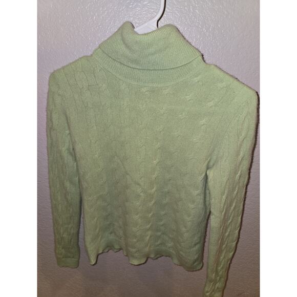 Talbot Cable-knit Mint-lime Green 100% Cashmere Turtleneck Sweater Size petite - Picture 2 of 5